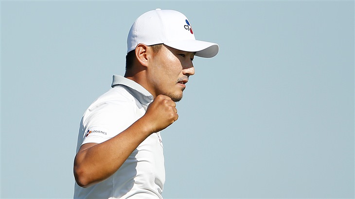 Sung Kang celebrates after a birdie putt at the 2019 AT&amp;T Byron Nelson